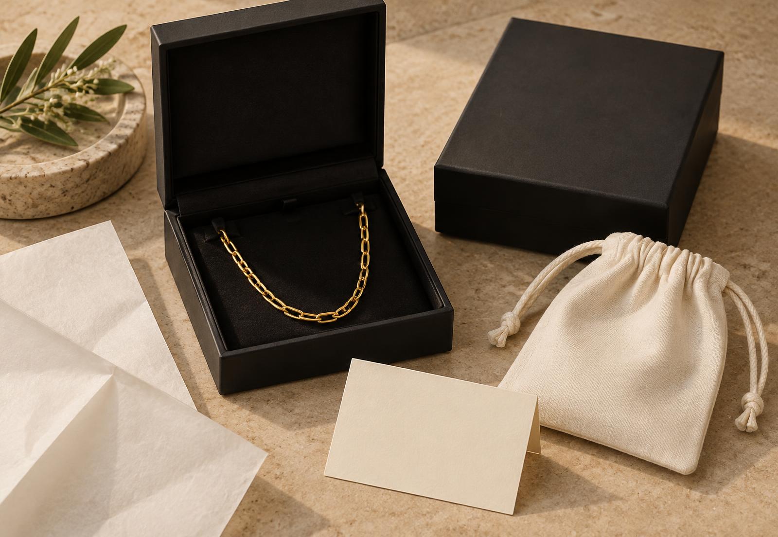 ORIGIN packaging: black jewelry box, cotton pouch, tissue and card